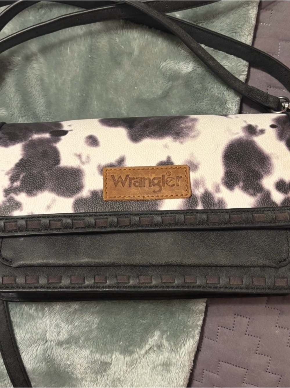 Wrangler Black and White Spot-Print Crossbody with Brown Logo Patch